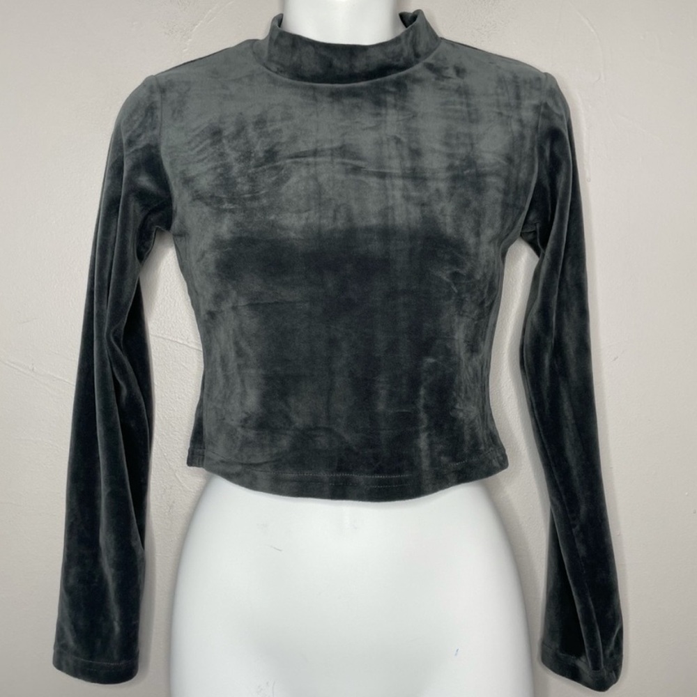 Grey Silver Velvet Long Sleeved Mock Neck Crop Top Spacecore Celestial